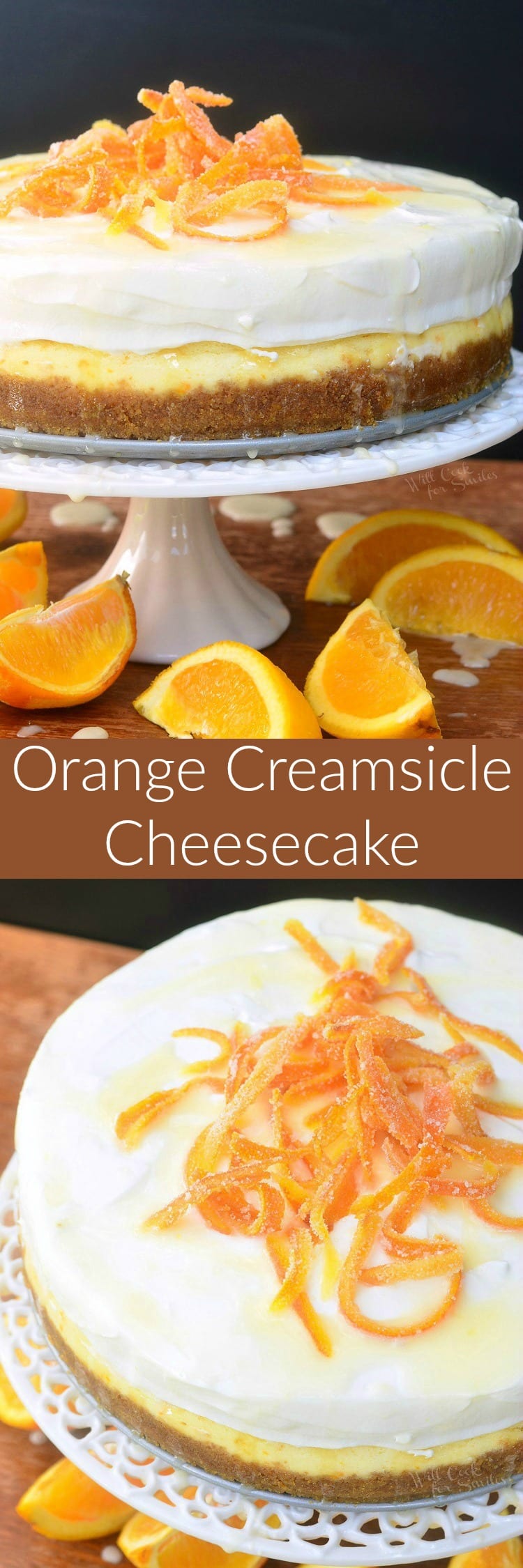 photo collage top photo of cheesecake on cake stand bottom photo of top view of cheesecake