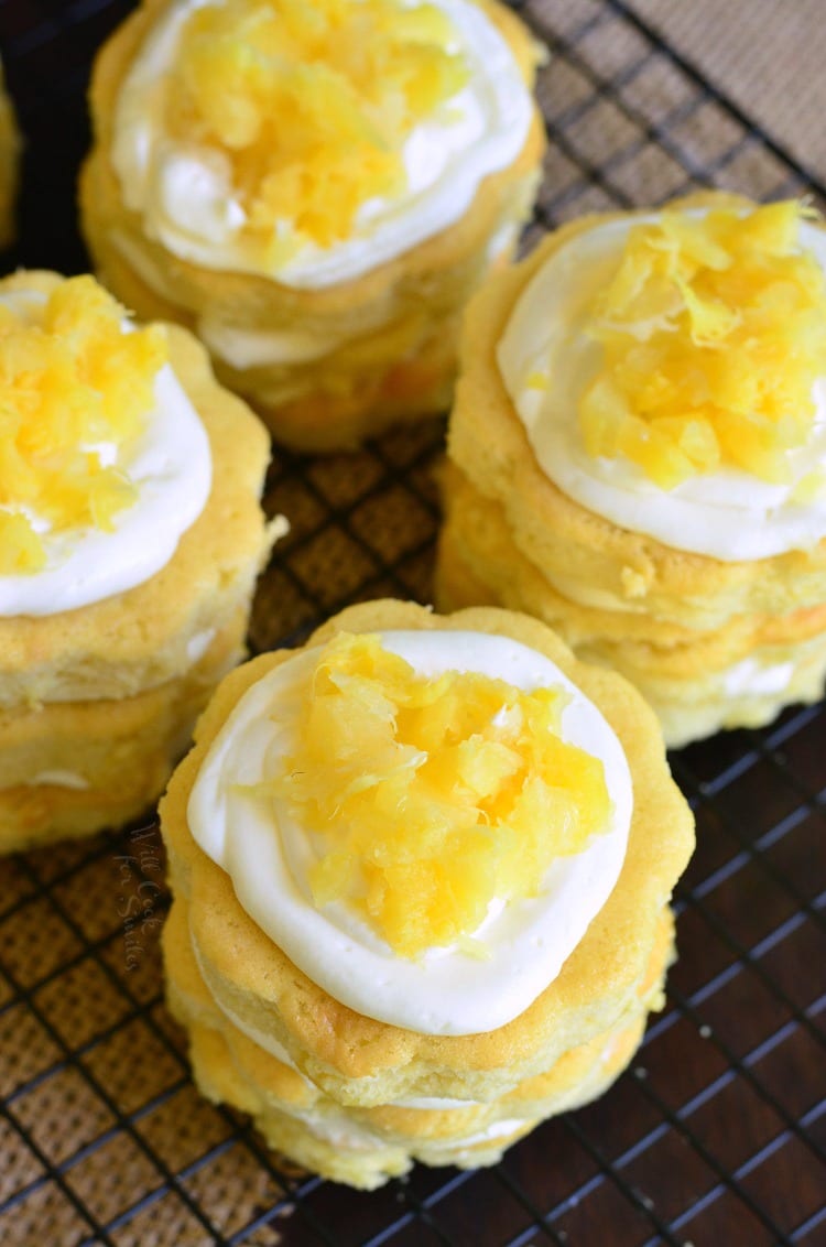 top view of a Mini Pineapple Cakes with Silky Cream Cheese Frosting on a cooling rack