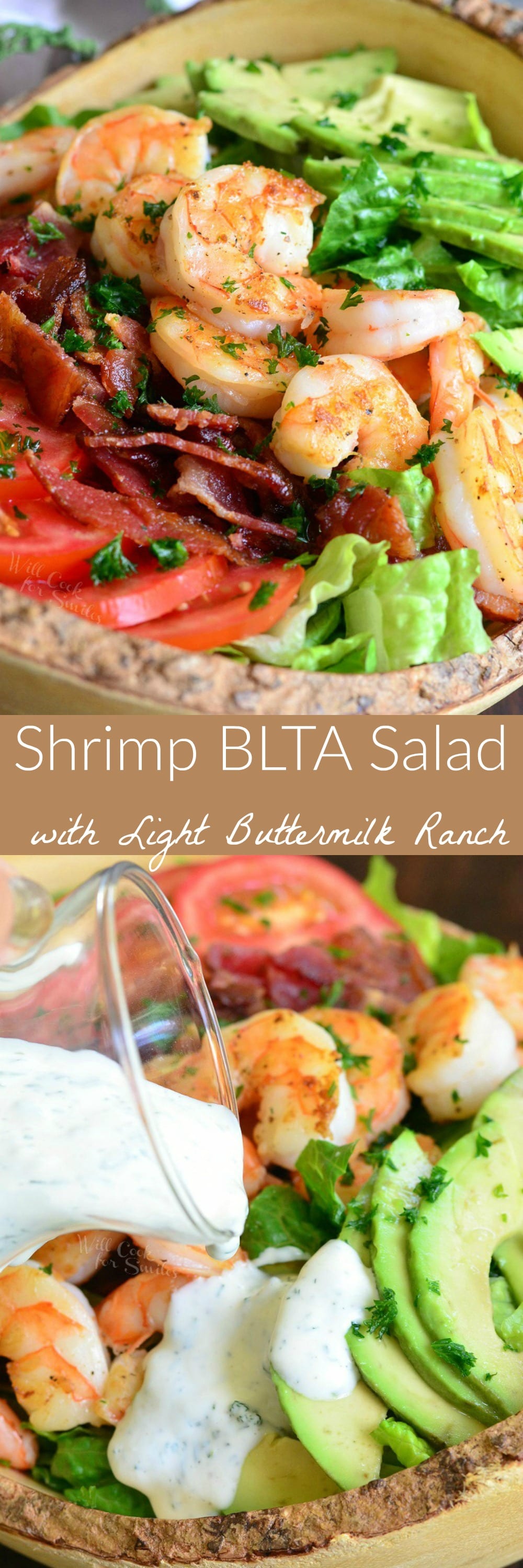 photo collage of shrimp blta salad