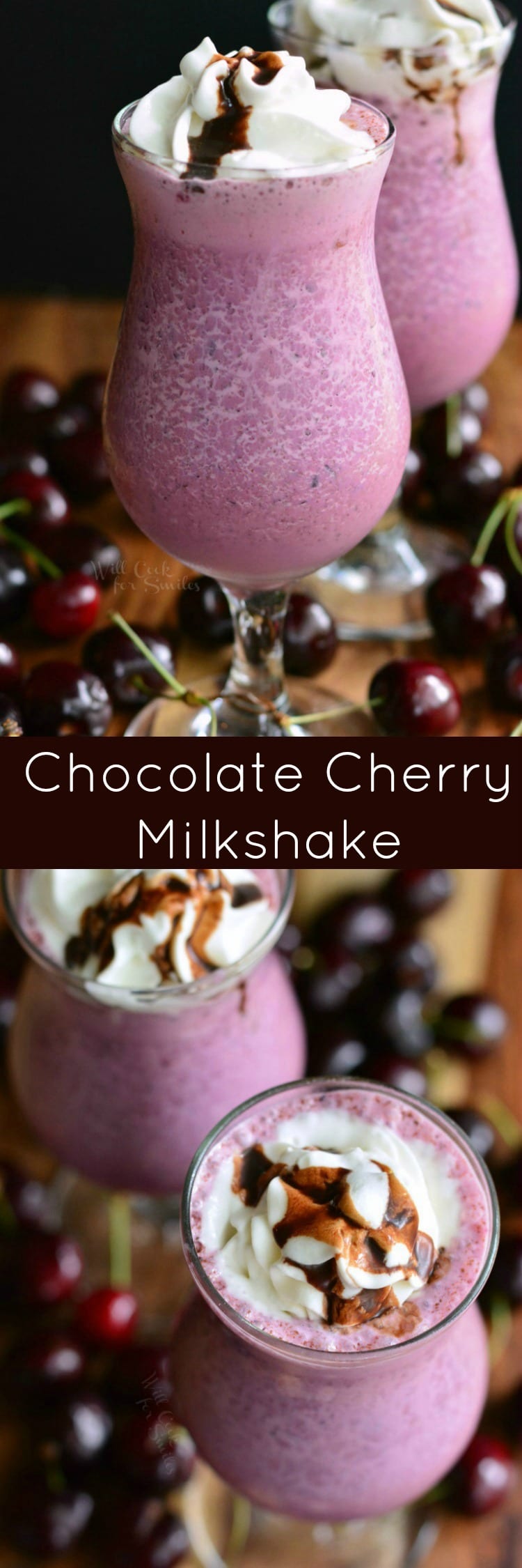 photo collage 2 Chocolate Covered Cherry Milkshakes with whip cream and chocolate on top with cherries around it bottom photo is top view of the cherry milkshake