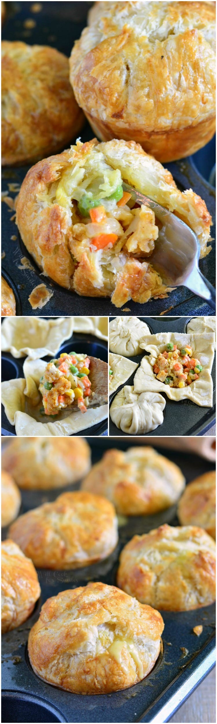 collage first picture is chicken pot pie with a fork. 2nd is spooning filling into uncooked pie crust 3rd picture Chicken Pot Pie Pockets in muffin tin