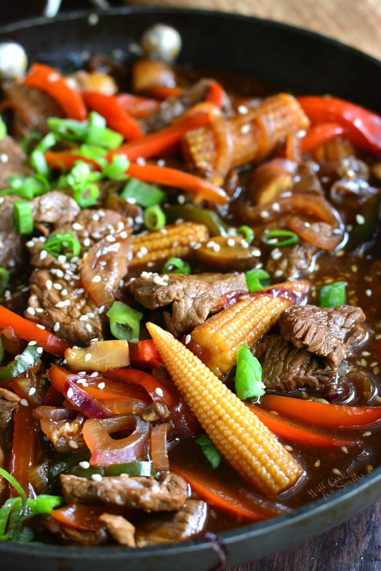 Sesame Steak Stir Fry in a pan