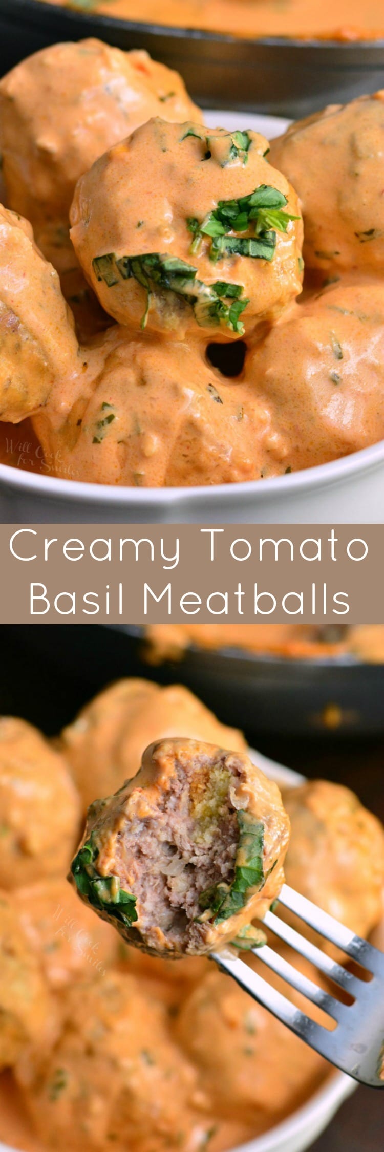 collage, First picture is of Creamy Tomato Basil Meatballs in a ball 2nd picture is a meatball on a fork with a bite taken out
