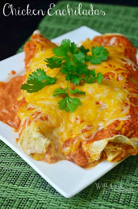 chicken enchiladas on a white plate with cilantro on top on a table with a green placemat
