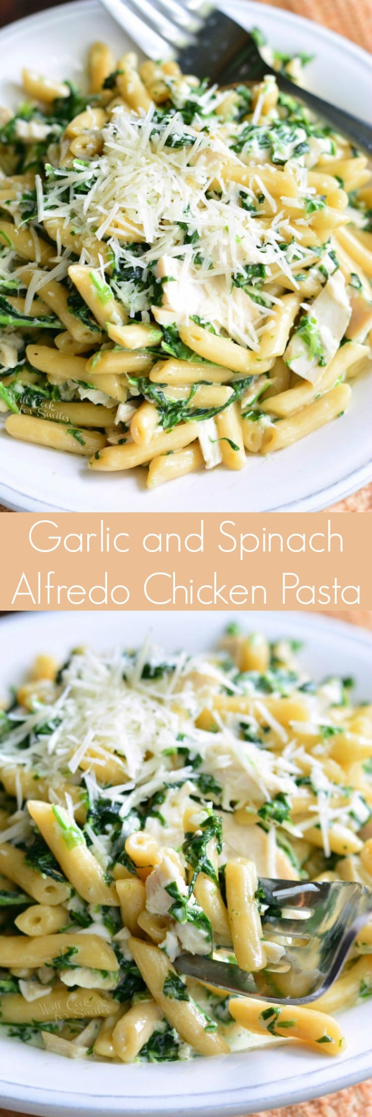 collage of Garlic and Spinach Alfredo Chicken Pasta in a bowl