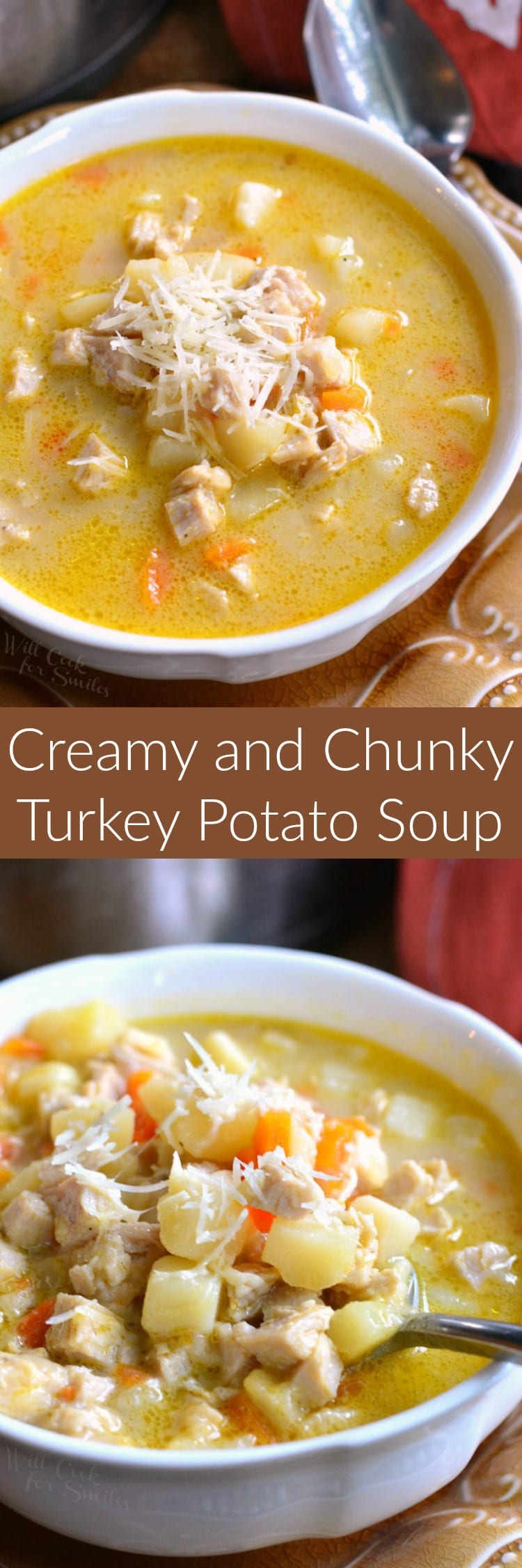collage of Creamy, Chunky Turkey Potato Soup with cheese on top in a bowl that is on a brown plate with a spoon