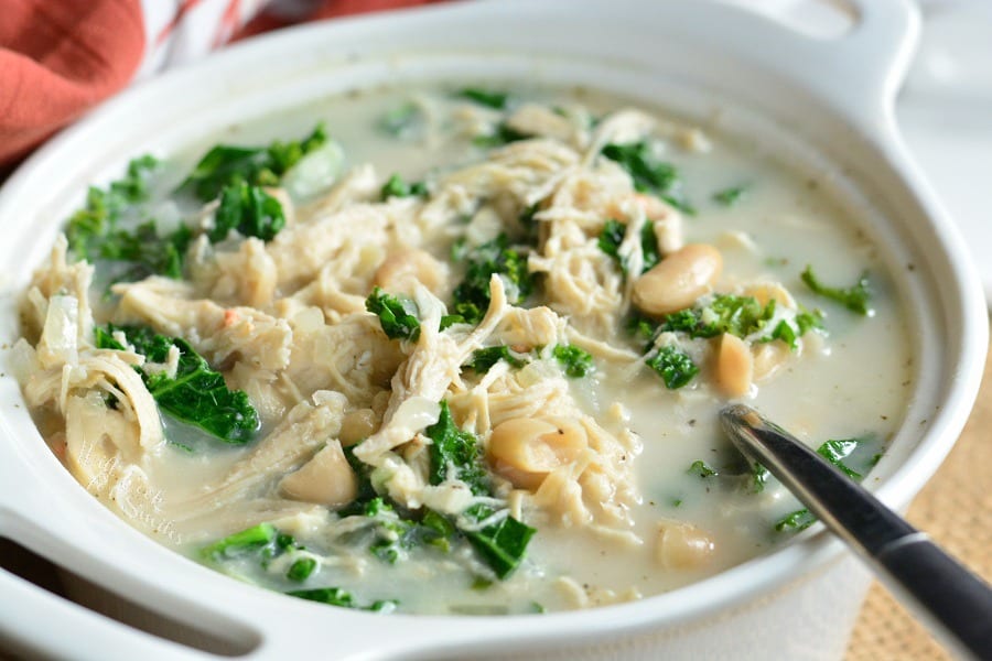 Creamy Chicken and Bean Soup in a bowl with a spoon