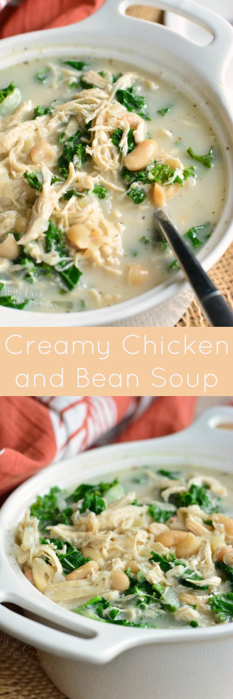 Creamy Chicken and Bean Soup in a bowl with a spoon collage