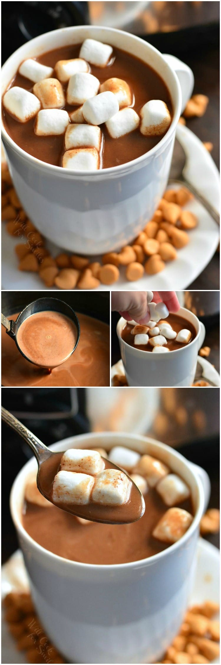 collage of four images: top view of hot chocolate and marshmallows on top, scooping it from the crock pot, adding marshmallows to the cup and spooning marshmallows out of a cup