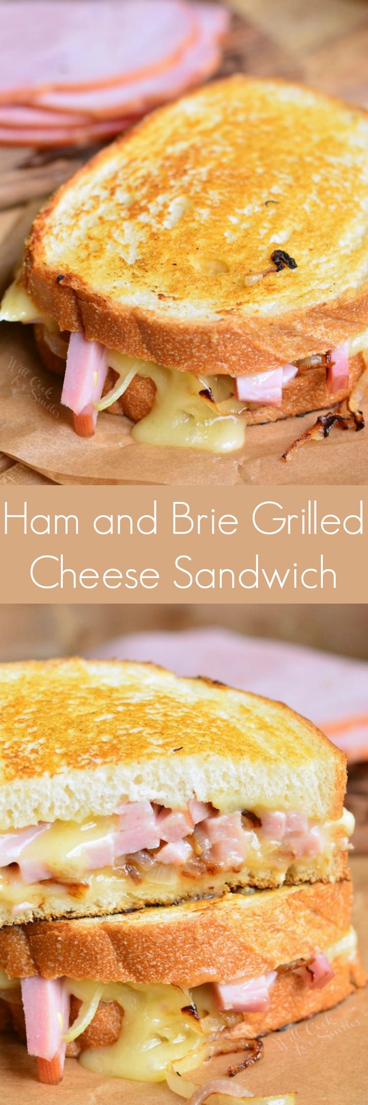 Ham and Brie Grilled Cheese Sandwich on parchment paper on a cutting board collage