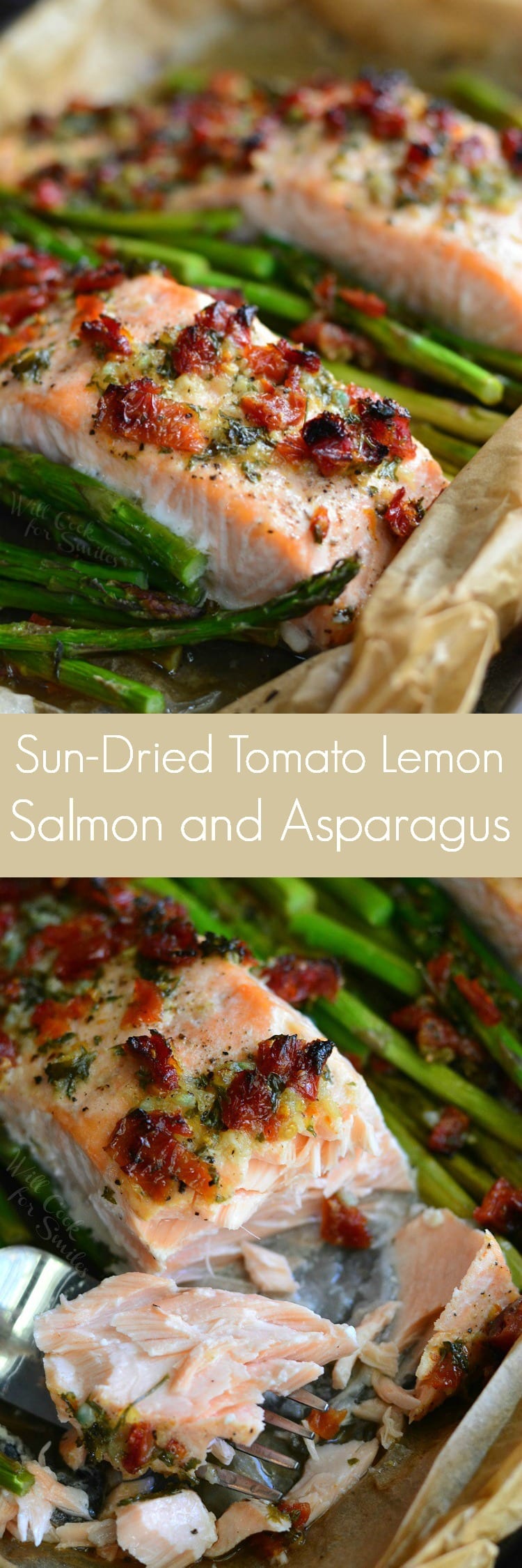 Sun Dried Tomato Lemon Baked Salmon and Asparagus in parchment paper on a baking sheet collage