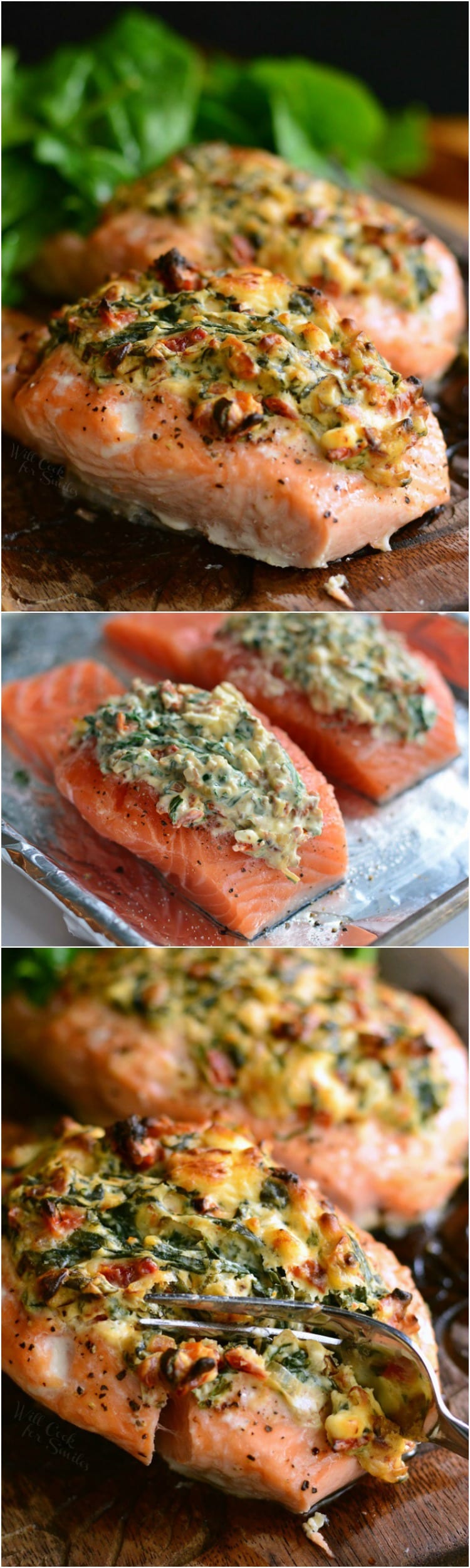 Creamy Spinach and Sun Dried Tomato Stuffed Salmon on a cutting board and on baking sheet collage