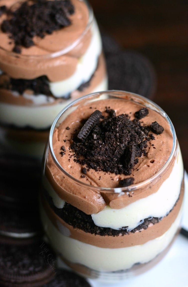Oreo Double Chocolate Mousse Parfaits in a glass