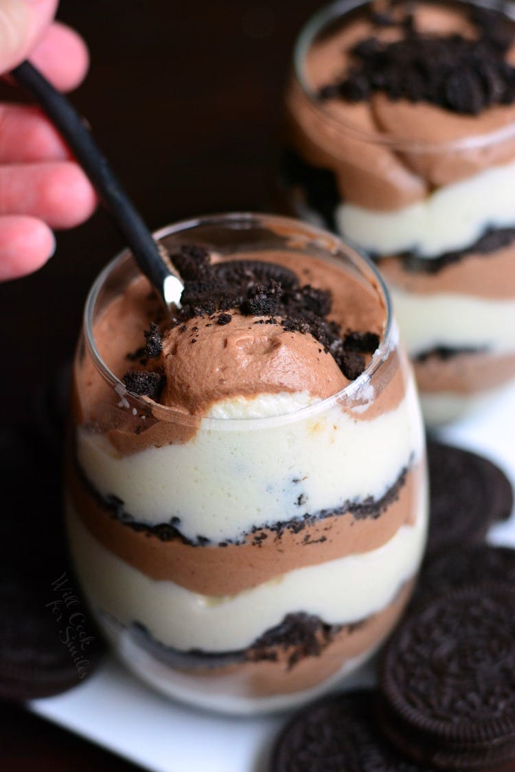 Oreo Double Chocolate Mousse Parfaits in a glass with a spoon