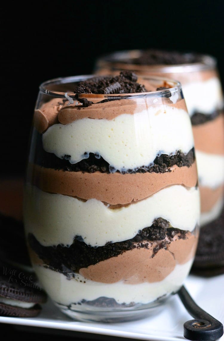 Oreo Double Chocolate Mousse Parfaits in a glass
