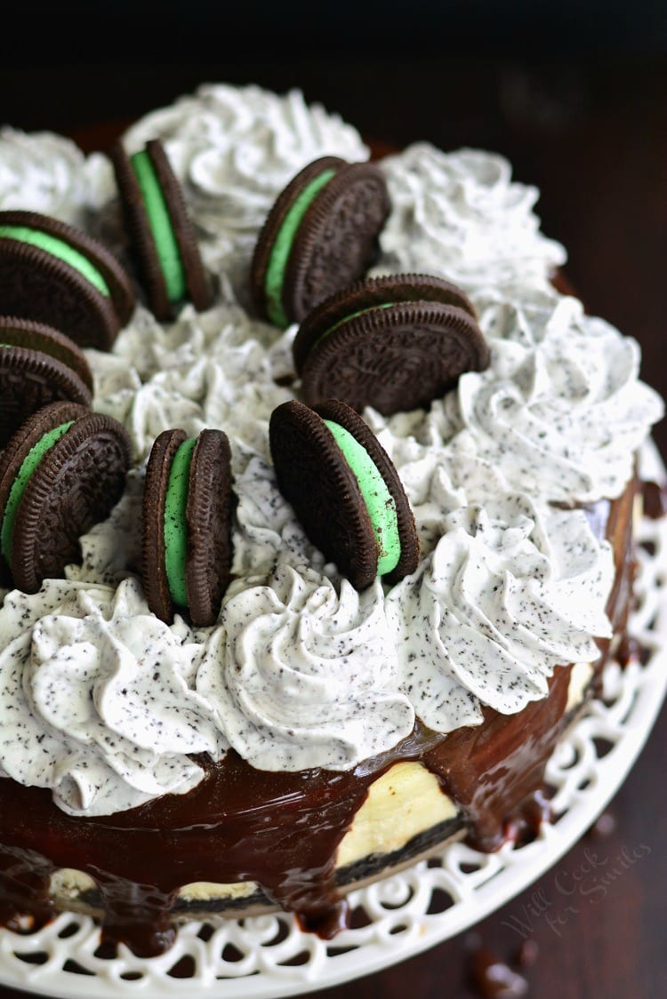 Oreo Mint Chocolate Chip Cheesecake on a cake pan