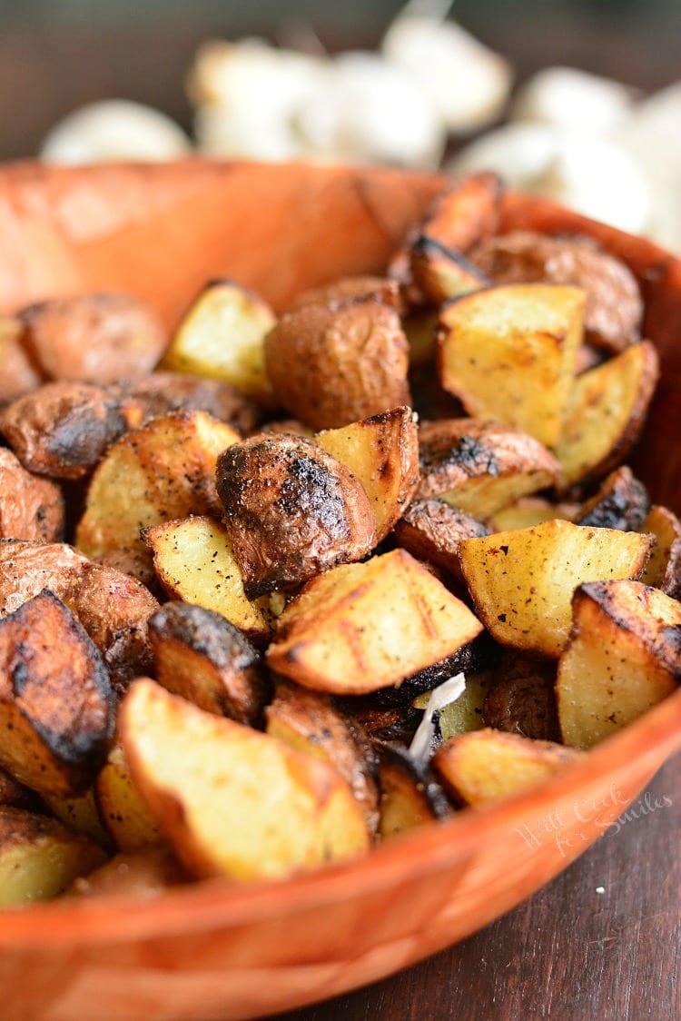 Grill Roasted Garlic Potatoes in a wood bowl