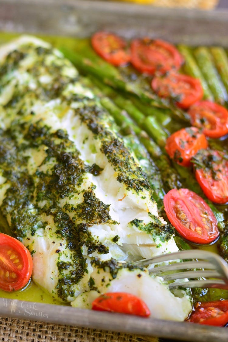 Lemon Herb Butter Baked Cod with Asparagus and Tomatoes