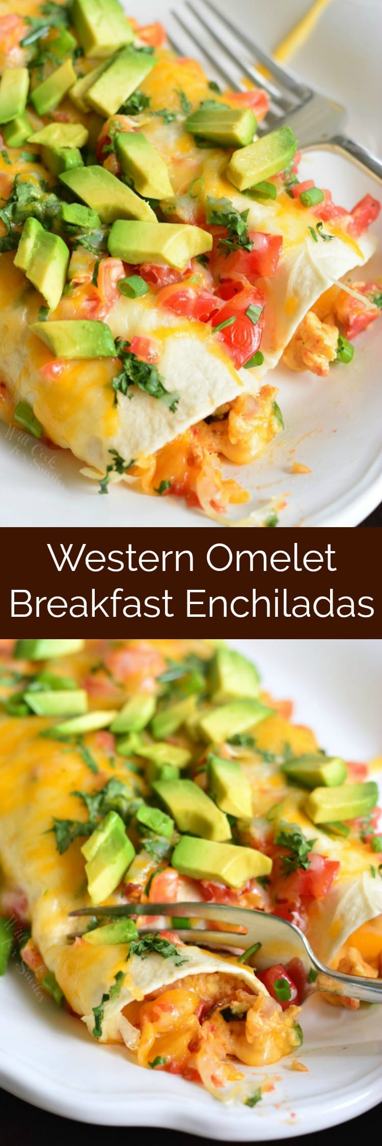 Western Omelet Breakfast Enchiladas. A wonderful breakfast and brunch recipe where soft, fluffy eggs are mixed with veggies and cheese and are rolled in a tortilla and baked with even more cheese and veggies. #enchiladas #breakfastenchiladas #brunchrecipe #eggs Western Omelet Breakfast Enchiladas collage