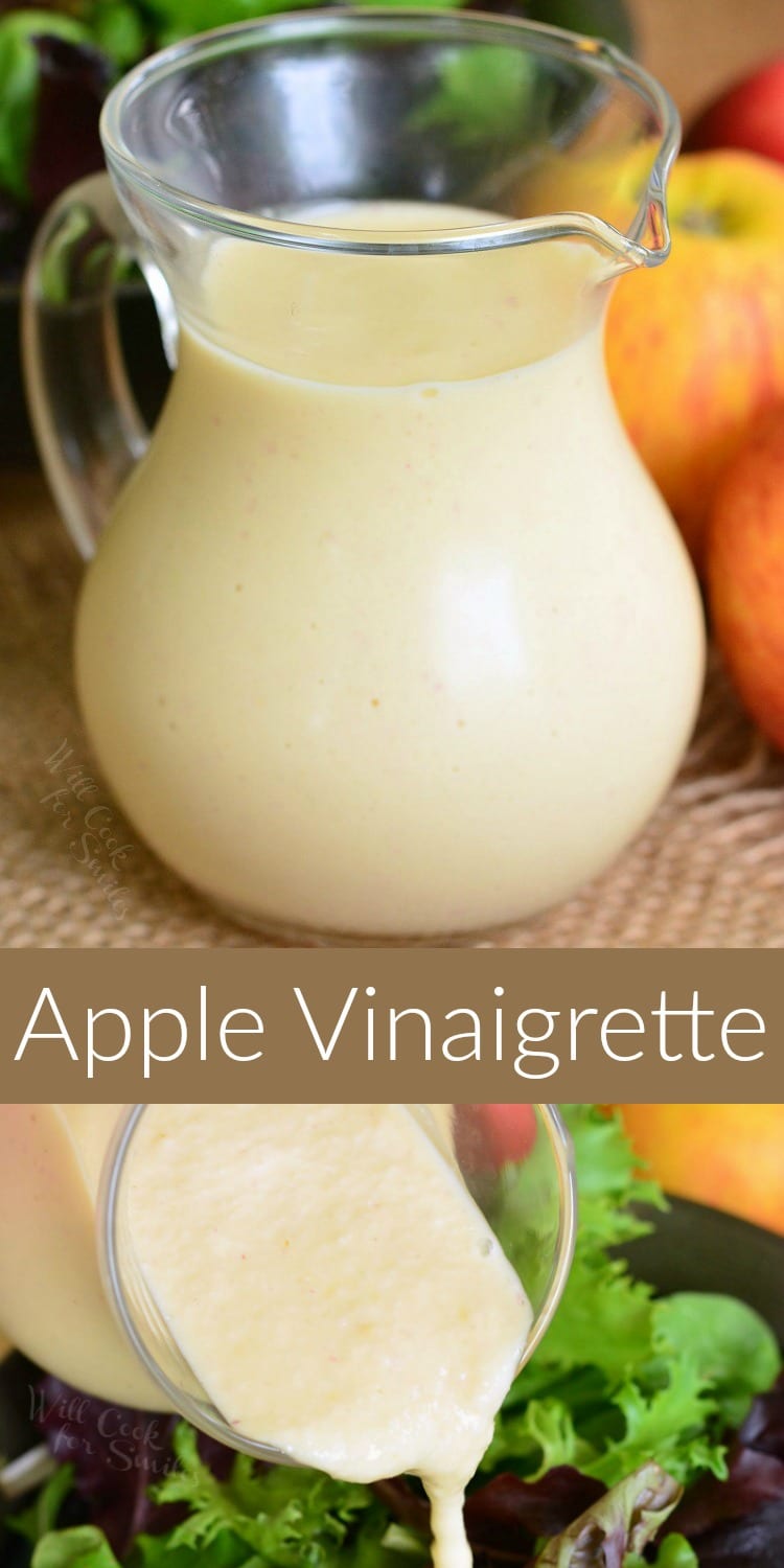 Delicious homemade Apple Vinaigrette in a glass container on a wood table with apples and salad in the background collage