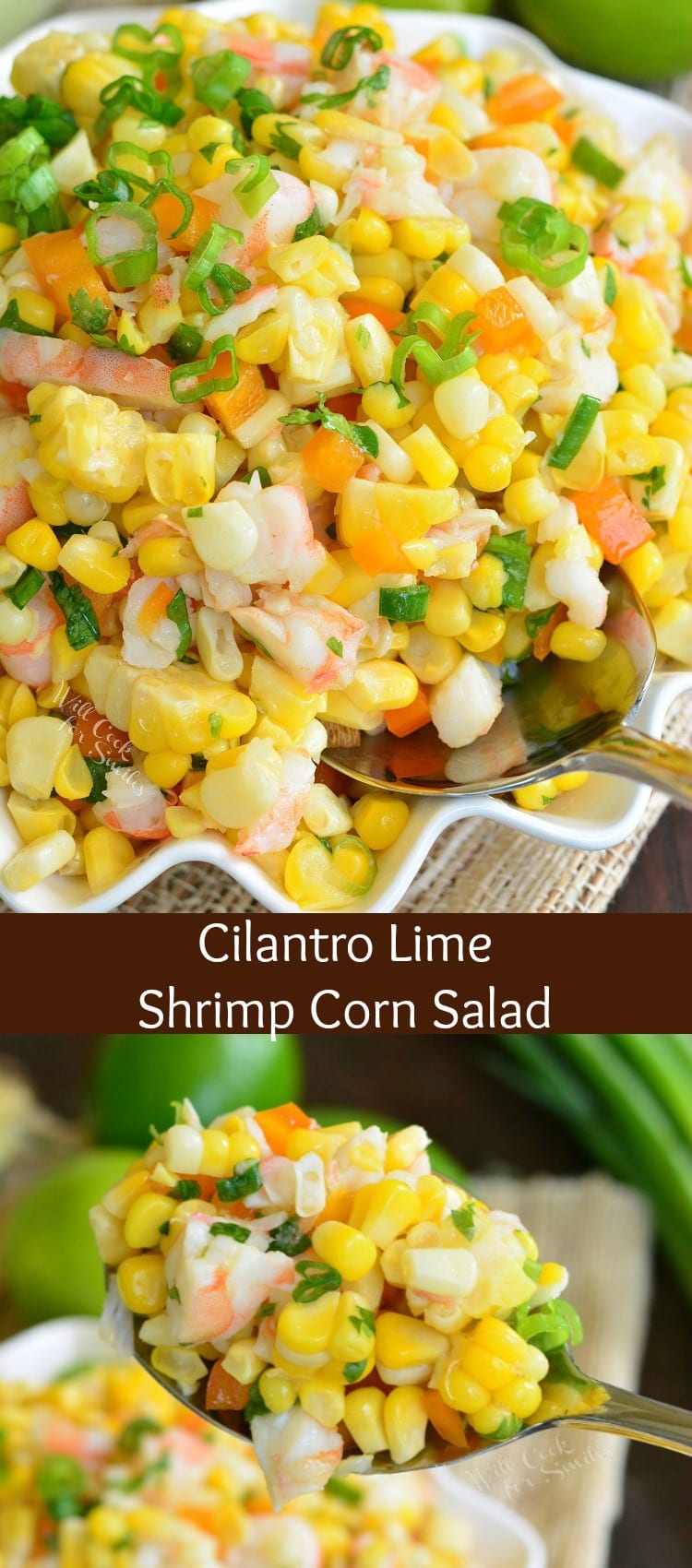 Cilantro Lime Shrimp Corn Salad in a bowl and a serving spoon scooping out salad collage
