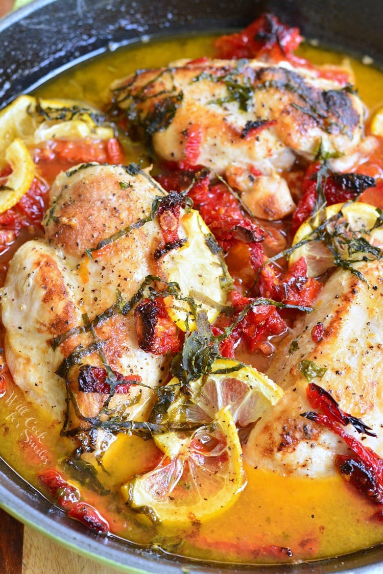 Sun-Dried Tomato Lemon Baked Chicken in a pan