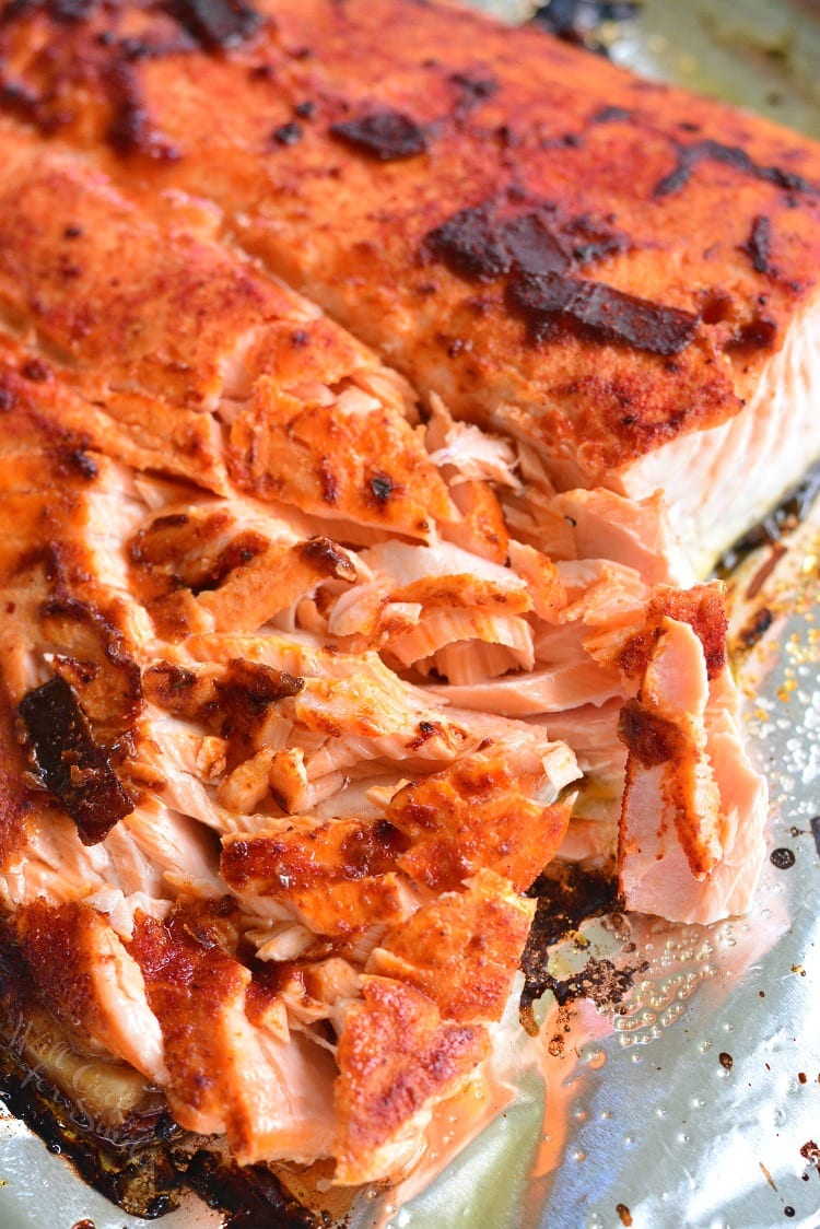 Easy, oven baked salmon rubbed with a mixture of Chipotle Peppers in Adobo Sauce and lime juice on tin foil