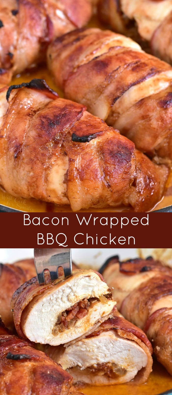 Bacon Wrapped BBQ Stuffed Chicken Breasts recipe collage