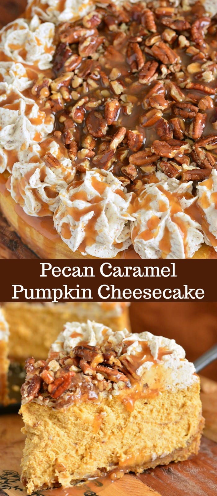 Pecan Caramel Pumpkin Cheesecake on collage