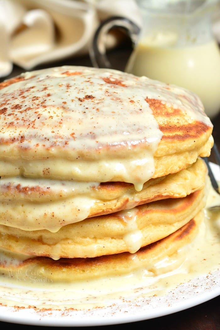 Eggnog Pancakes stacked on a plate