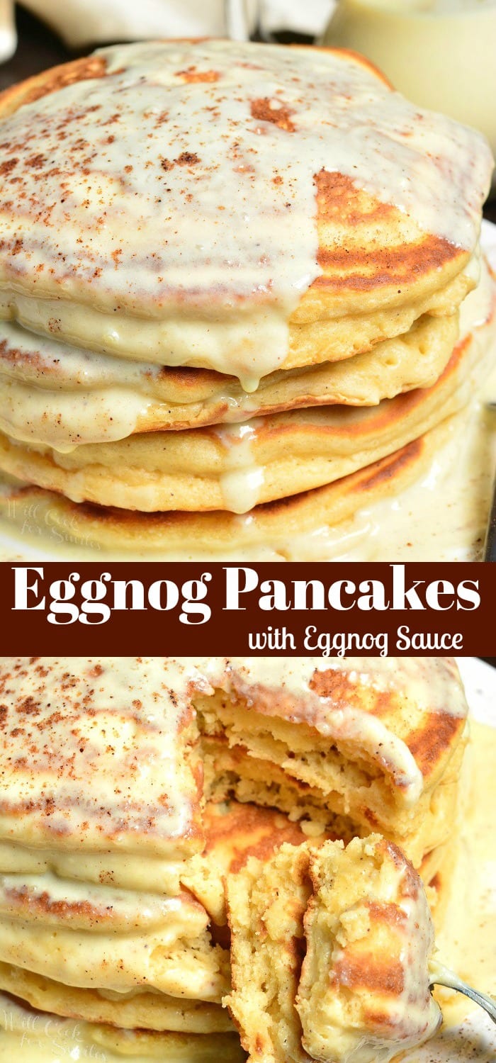Eggnog Pancakes on plate collage