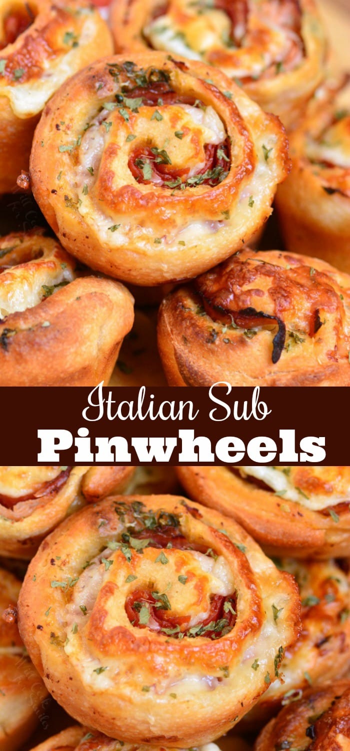 Italian Sub Pinwheels stacked together on a plate collage