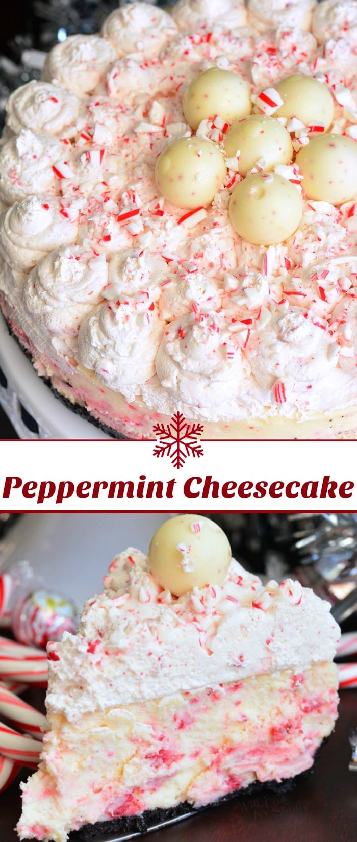 Peppermint Cheesecake collage with a cheesecake slice