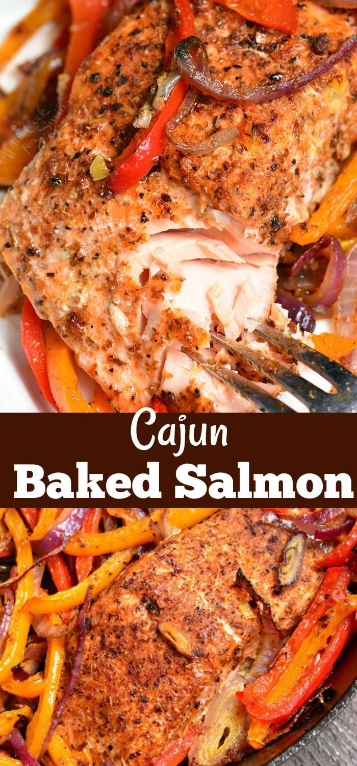 Cajun Baked Salmon collage top salmon being flaked with a fork bottom cajun baked salmon in a cast iron pan