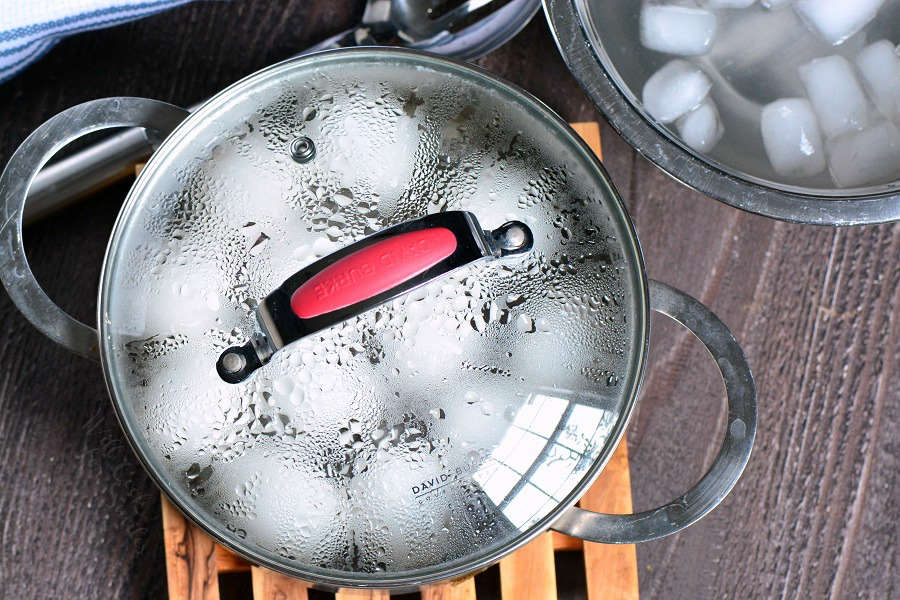 hard boiled eggs in a pot with a lid after boiling so they sit and finish cooking.
