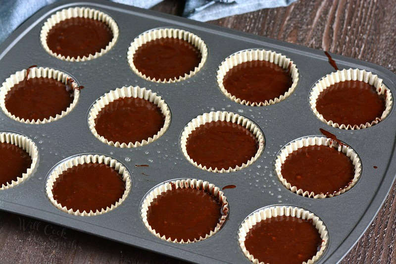 chocolate stout cupcakes batter in paper cupcake wrapper in a cupcake pan