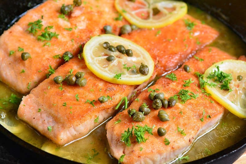 easy salmon piccata in a cast iron pan