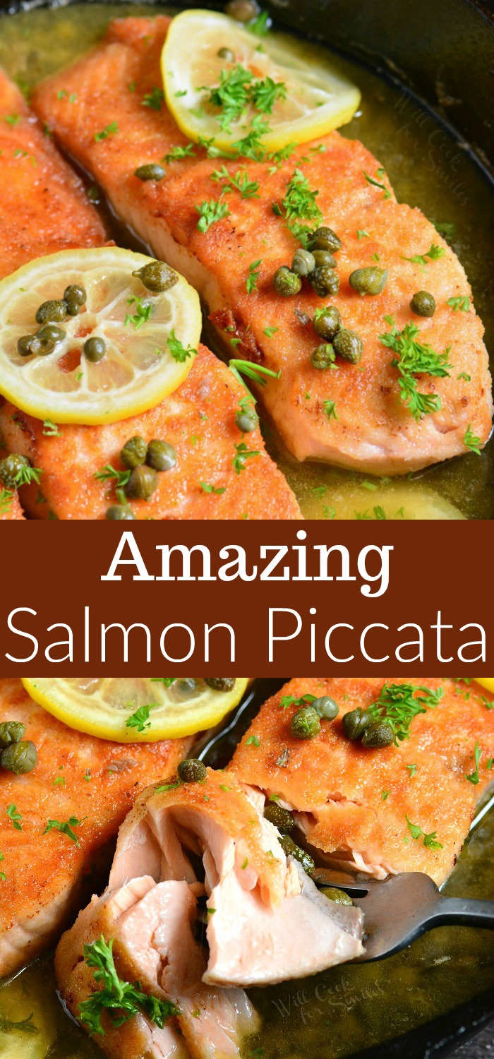 Salmon piccata with lemon and capers in a cast iron skillet collage
