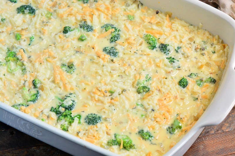 broccoli cheese hashbrown breakfast casserole in the baking dish before baking.