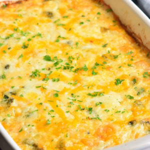 baked broccoli cheese breakfast egg casserole in the white baking dish.