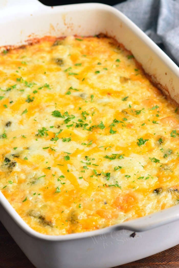 baked broccoli cheese breakfast egg casserole in the white baking dish.