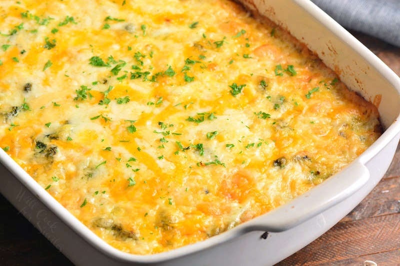 baked breakfast casserole filled with hashbrowns, cheese, and broccoli.