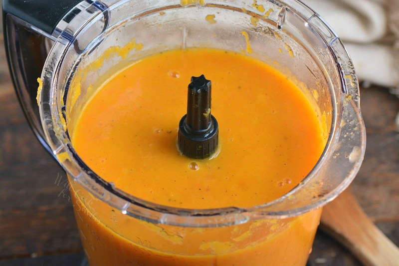 blended butternut squash soup in a food processor