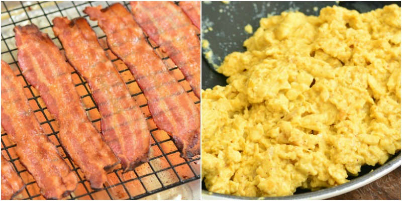 bacon on a cooling wrack and eggs in a pan