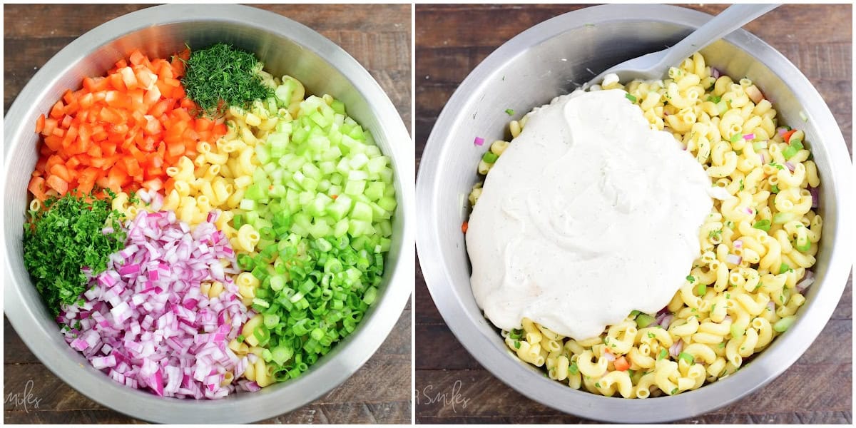 Collage of two images of steps to mix the dressing into the pasta and veggies.