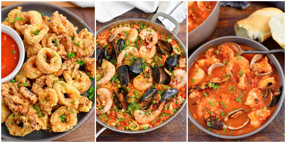 collage of three images of recipes that use calamari in them.