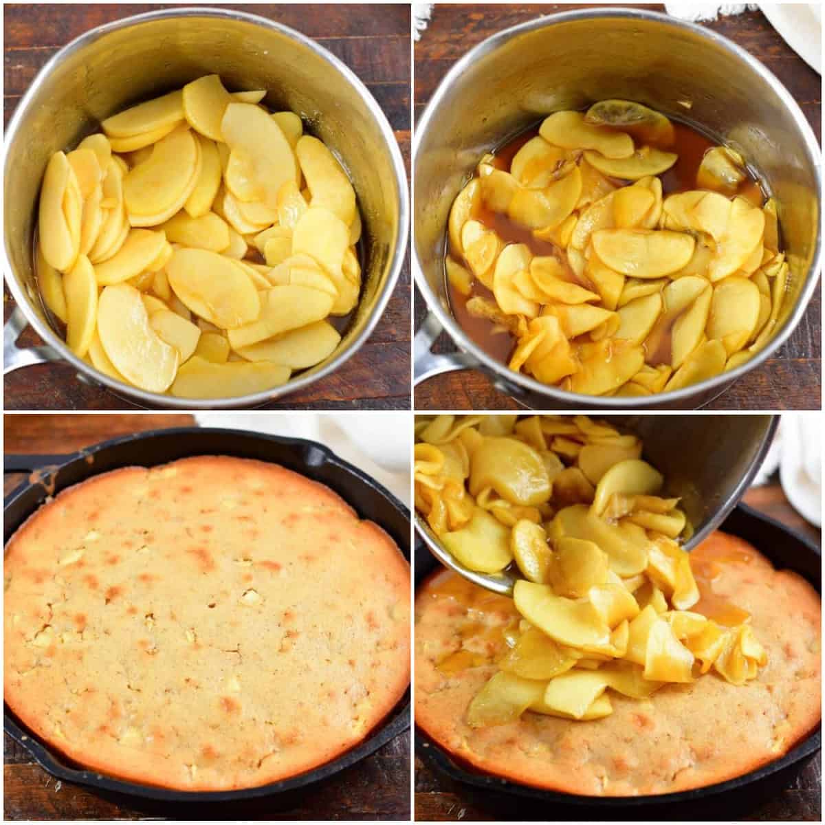 collage of four images of making sliced apple topping and adding to cake.