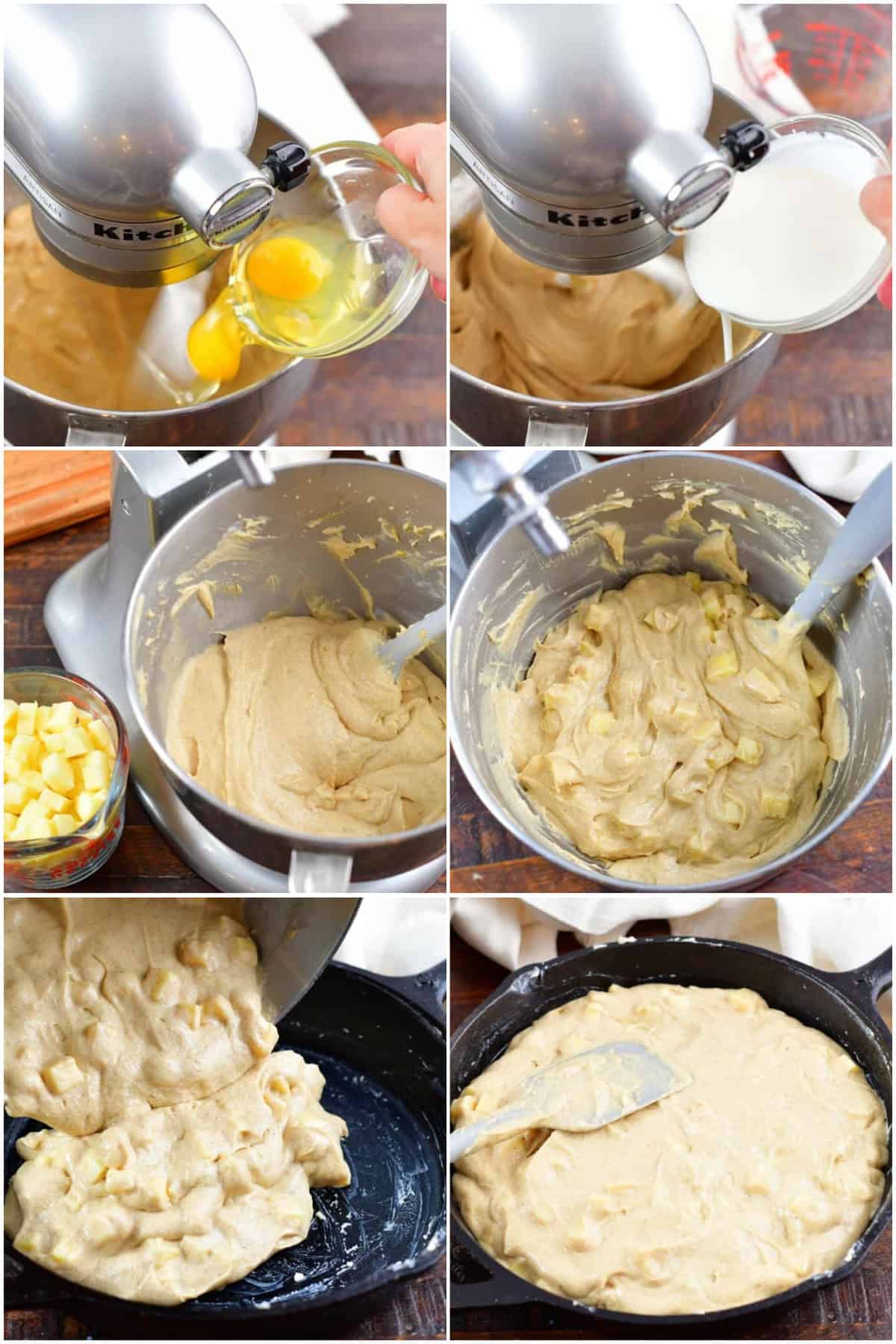 collage of six images of making the apple cake batter and spreading in skillet.