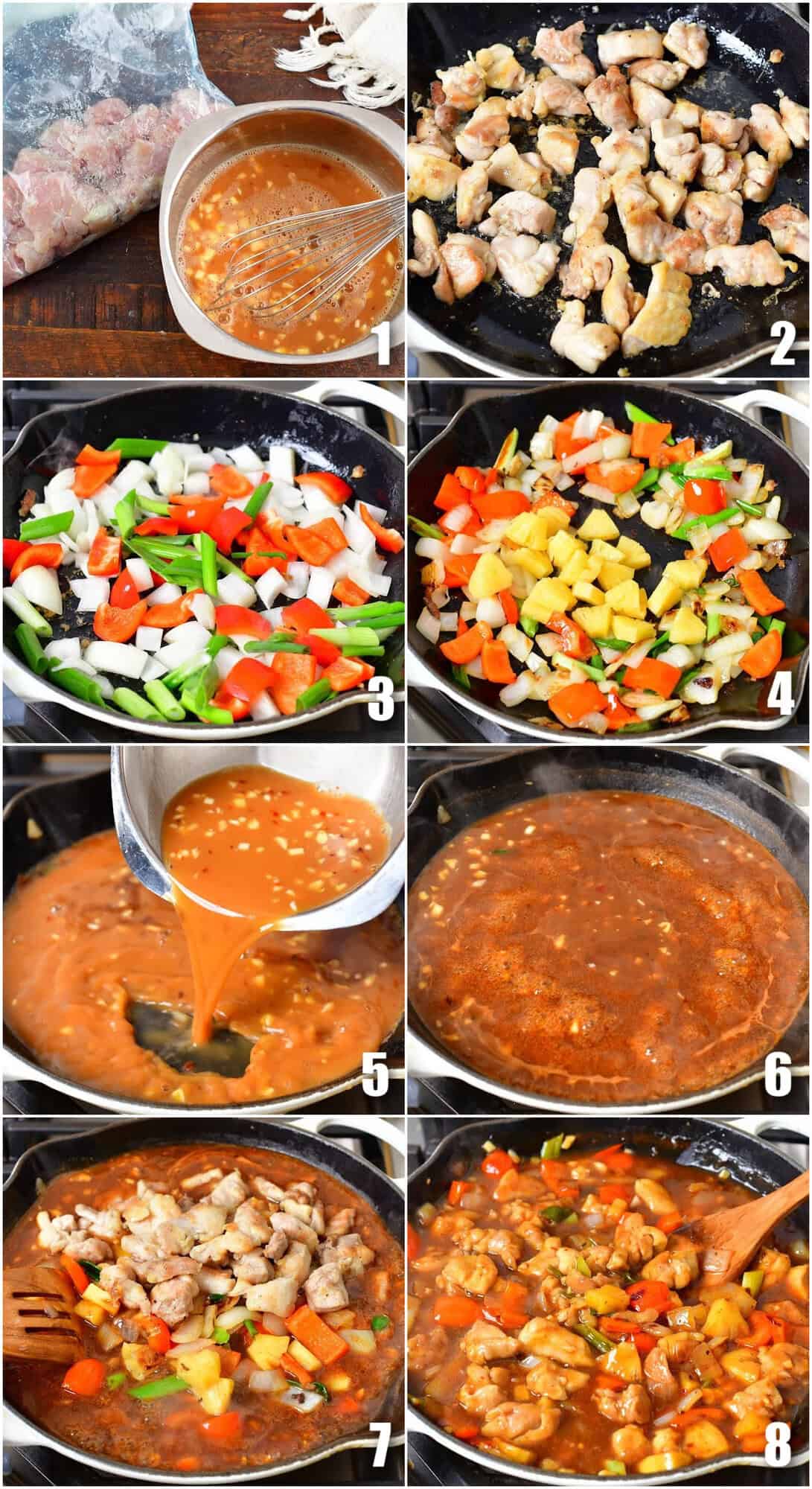 collage of 8 images of cooking steps to make sweet and sour chicken.