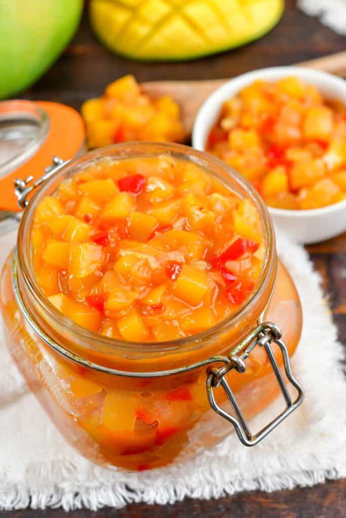 top view of mango chutney in a glass jar